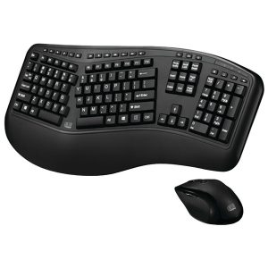 Wireless ergonomic mouse and keyboard combo featuring 2.4GHz radio frequency technology, internet media hotkeys, DPI switch, and navigation buttons. Quiet membrane key switches for enhanced typing experience.